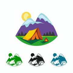 Camping and outdoor adventure illustration. Cartoon tent, campfire and mountain landscape.