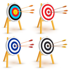 Set of target with 3 arrows. Dart arrow hitting center target on white background, flat vector illustration