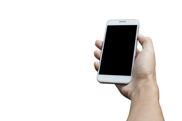 Hand holding phone black clipping inside.