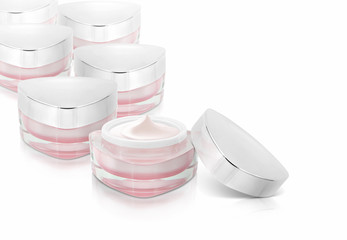 Many pink triangle cosmetic jar on white background