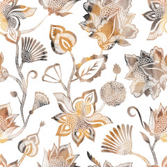 Contemporary ethnic seamless pattern with floral elements.