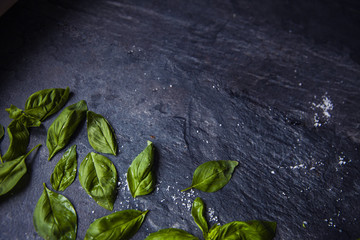 basil leaves on food background