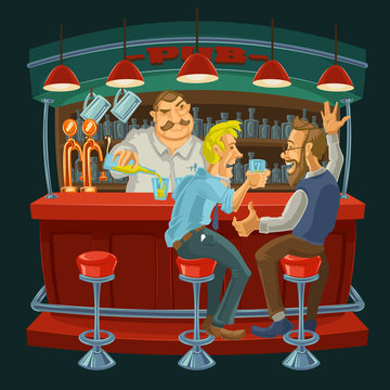 Cartoon illustration of friends drinking whiskey in the bar