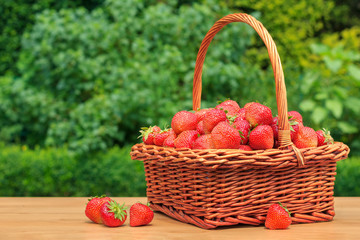 Fototapeta na wymiar Fresh strawberries in a basket on wooden table in garden