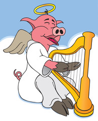 A hog in heaven is happily playing his harp