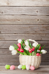 Easter eggs and tulips bouquet