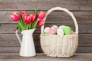 Easter eggs and tulips bouquet
