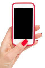 Female hand holding a smartphone. Isolated