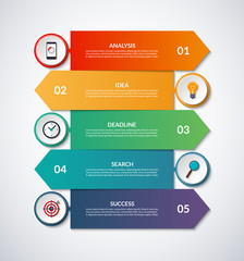 Infographic arrows with circular design elements. 5 step layout template. Can be used for graph, chart, table, number options, web design. Vector background