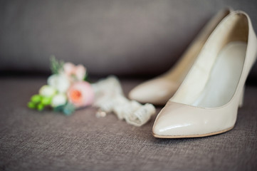 Wedding boutonniere , bridal shoes , engagement ring. sweet wedding morning