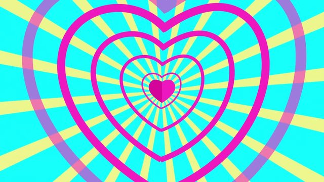 Seamless Looping pink and blue Heart Animated Background. Cartoon animation of pink hearts with sunburst background for your logo or text. Valentine day, Fashion, love and romance background.