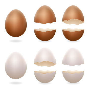 Broken eggs cracked open easter eggshell design 3d realistic icons set isolated vector illustration