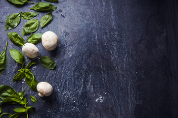 basil leaves on food background with mushrooms