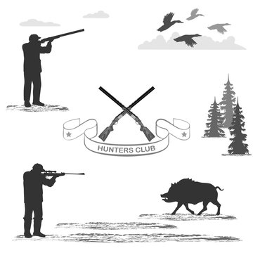 man shoots from a rifle hunting. set in different poses. rifle separately. flying ducks and runs wild boar.
   Isolate on white background. easy to cut to your Projects summary
