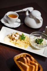 Closeup of pasta with chicken on plate