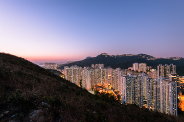 Aberdeen Typhoon Shelters view at Yuk Kwai Shan (mount Johnston) in sunset time