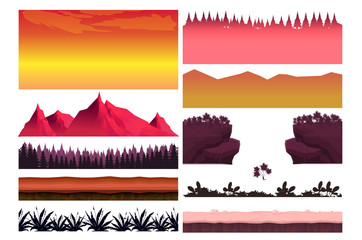 Game cartoon elements set with pieces of fantasy landscapes trees stones