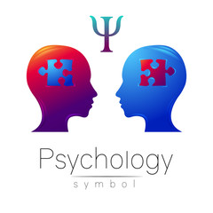 Modern head sign of Psychology. Profile Human. Letter Psi. Puzzle. Creative style. Symbol in vector. Design concept. Brand company. Violet blue color isolated on white background. Icon for web