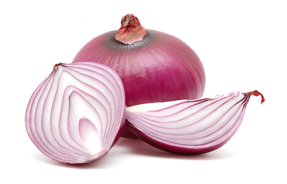 Fresh bulbs of red onion cutout isolated on white background