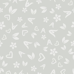 Flowers, Hearts and Leaves Seamless Pattern