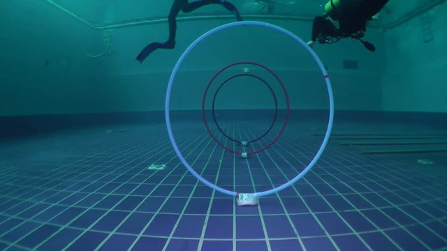 The camera moves through the rings installed on the bottom of the pool.
