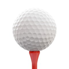 3D rendering golf ball on red tee isolated on white