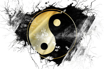 Grunge old yin yang symbol flag  - obrazy, fototapety, plakaty