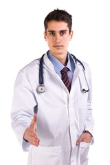 Portrait of friendly doctor offering handshake, isolated on white