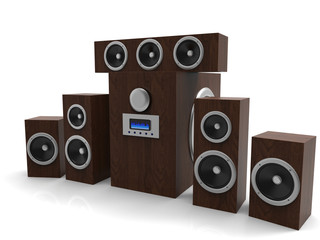 Speakers. Speakers with subwoofer. Surround system. Equalizer subwoofer. 3D rendering.