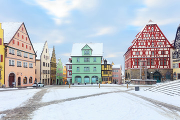 Amazing winter on Market square of Rothenburg ob der Tauber, Middle Franconia, Bavaria, Germany