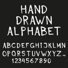 Alphabet. Hand drawn letters and numbers isolated on black background. Vector illustration.