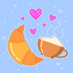 vector illustration of croissant, coffee cup and pink hearts on blue background