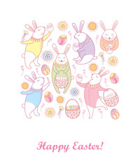 Vector Happy Easter greeting card with outline Easter rabbits, egg and basket in pastel colors isolated on white background. Holiday design with cartoon elements, bunny and eggs in contour style.