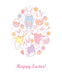 Vector Happy Easter greeting card with outline Easter rabbits, egg and basket in pastel colors isolated on white background. Holiday design with cartoon elements, bunny and eggs in contour style.
