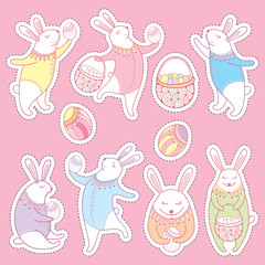 Vector Happy Easter patch badges set. Contour Easter rabbits, egg and basket in pastel colors isolated on pink background. Set with design stickers or pins with linear cute elements, bunny and eggs.