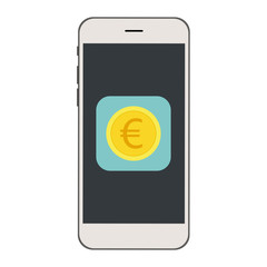 Mobile phone with Money currency Icon on the screen. Coin with Euro sign vector illustration.