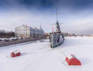Russia, Saint-Petersburg, 10 February 2017: Aero shootings of a winter panorama monument of October...