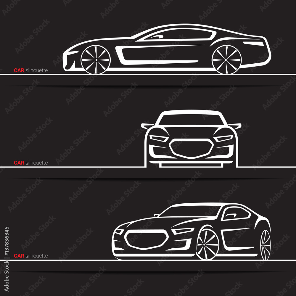 Wall mural vector car silhouettes set. modern luxury sedan. front, three quarter and side views. abstract hand-