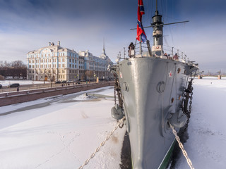 Russia, Saint-Petersburg, 10 February 2017: Aero shootings of a winter panorama monument of October...