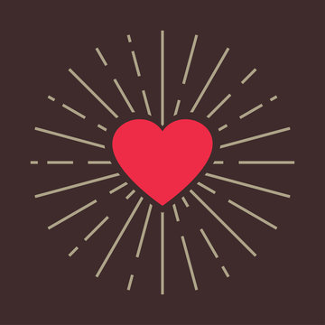 Heart icon. Red heart silhouette with sunburst frame. Valentine background. Love design element. Vector illustration.