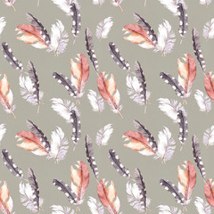 Retro feathers art. Vintage watercolor seamless pattern.