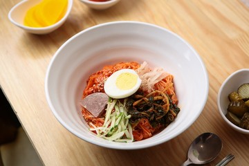 bibim guksu. korean style spicy noodles.