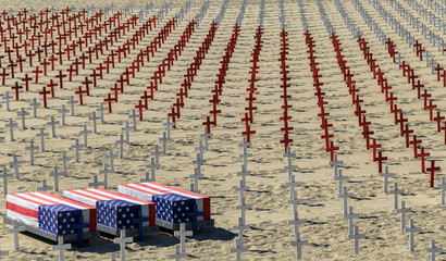 Crosses and coffins wrapped in US flags protesting war on terror