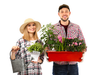 Two florists holding house plants isolated on white background