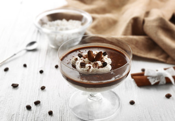 Tasty jelly dessert on white table