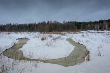 Winter landscape with small river.