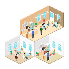 Isometric interior of coffee shop. flat 3D isometric design interior cafe or restaurant. People sit at tables and eat.