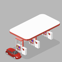 Isometric flat 3D vector outside Gas station, petrol station
