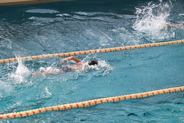 corridor of swimming pool with plastic dividers. top view