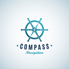 Compass Navigation Abstract Vector Sign, Emblem or Logo Template. Arrow integrated into the Steering Wheel Symbol with Retro Typography. Creative Concept.
